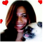 Smiling woman and pug with hearts