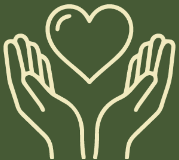 Outline of hands holding a heart symbol on green background.