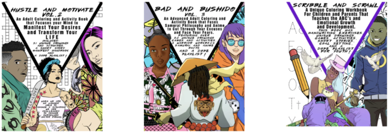 Example M.E.S.H. coloring book covers
