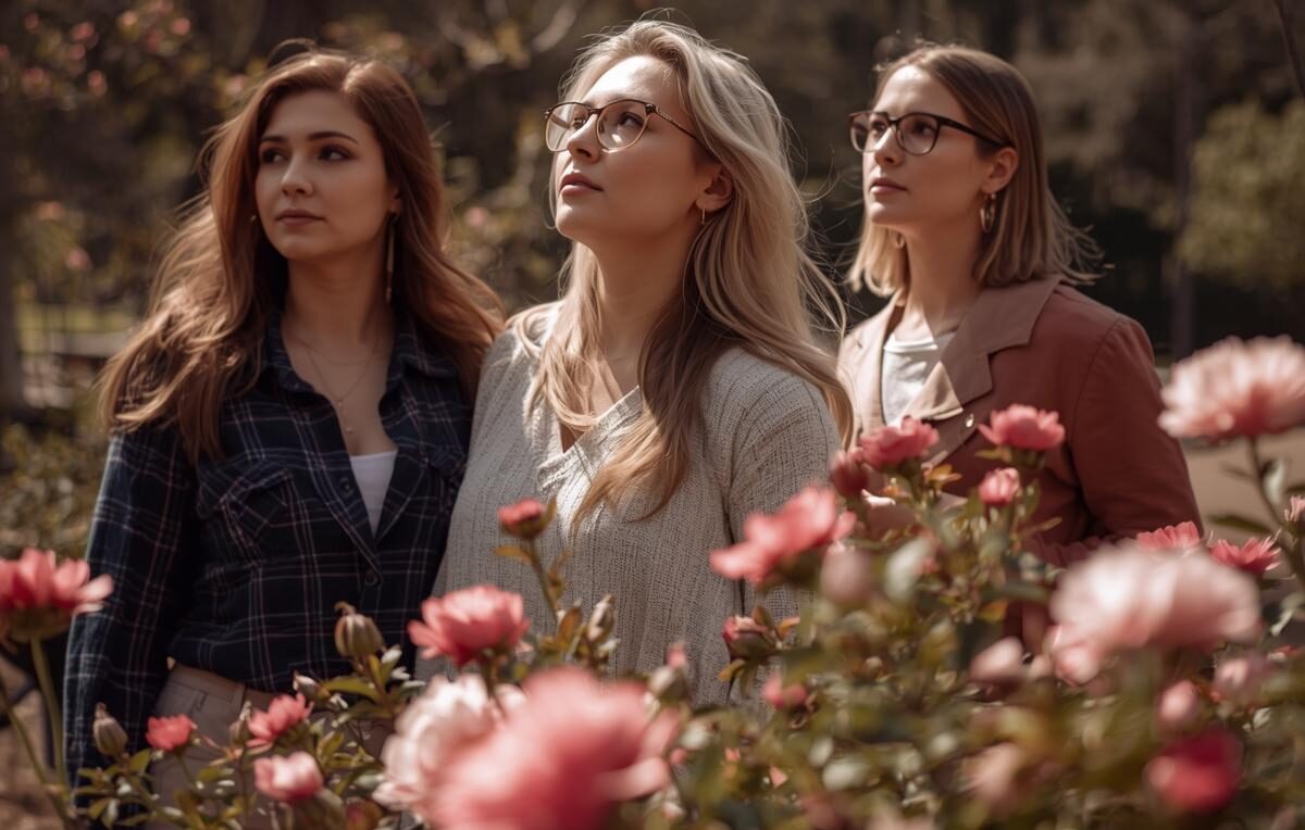 Three women admiring flowers in a garden on a sunny day.