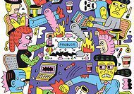 Cartoon team discussing problems at table