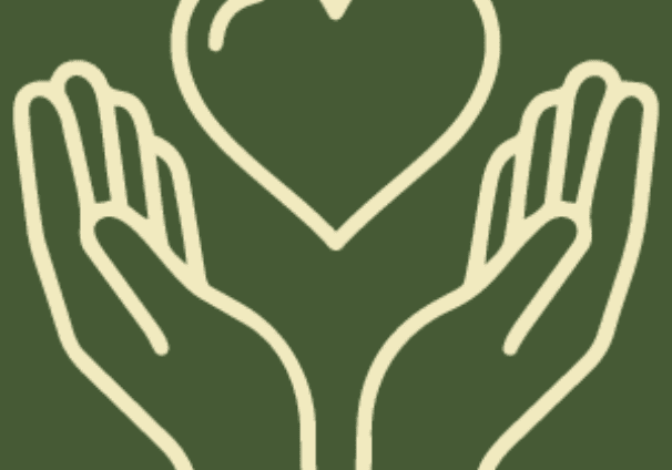 Outline of hands holding a heart symbol on green background.