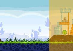 Colorful birds and slingshot facing structure