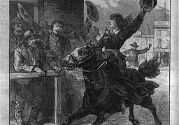 Vintage engraving of rider galloping through town