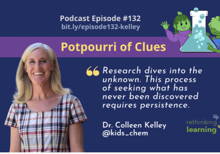 Podcast graphic with smiling woman and beaker