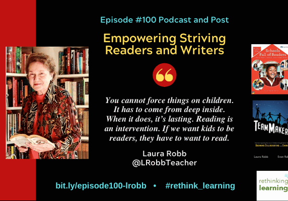 Podcast banner: woman holding book, episode title