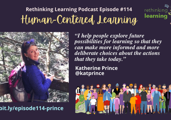 Human-centered learning podcast banner, woman and crowd