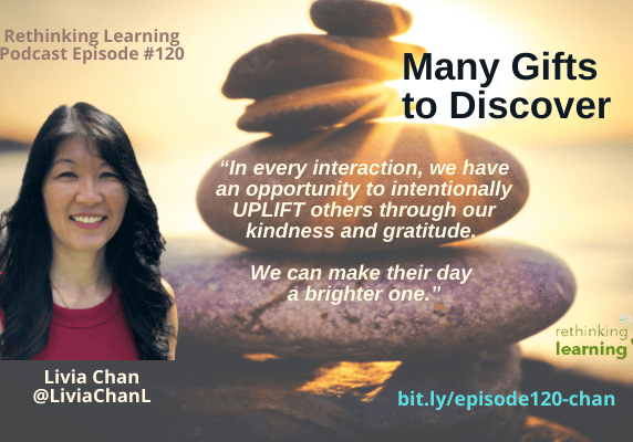 Smiling woman beside stacked stones podcast graphic
