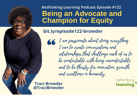 Smiling woman beside equity podcast promotional graphic
