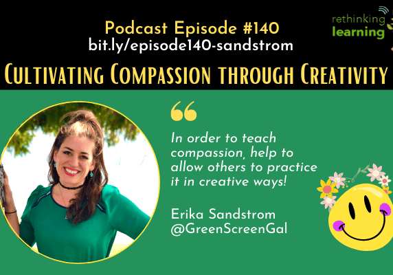 Podcast graphic: smiling woman, compassion through creativity