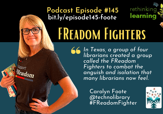 Woman holding books beside "FReadom Fighters" podcast