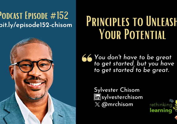 Smiling man portrait with podcast episode graphics