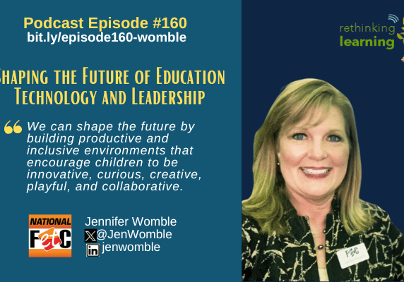 Smiling woman at education podcast graphic