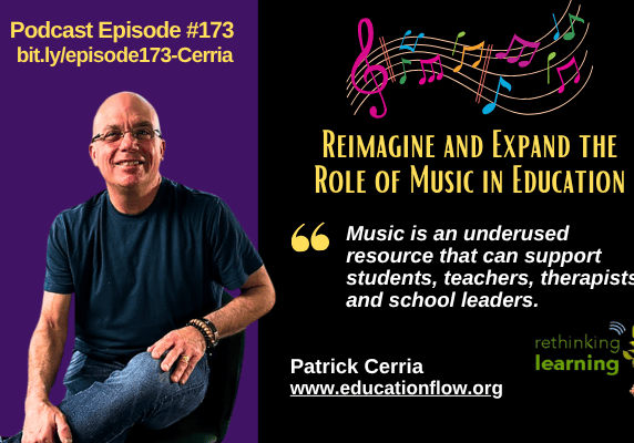 Smiling man beside podcast artwork about music education
