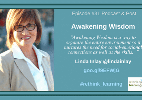 Smiling woman beside "Awakening Wisdom" podcast graphic
