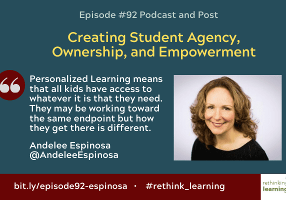 Podcast slide about student agency with woman portrait