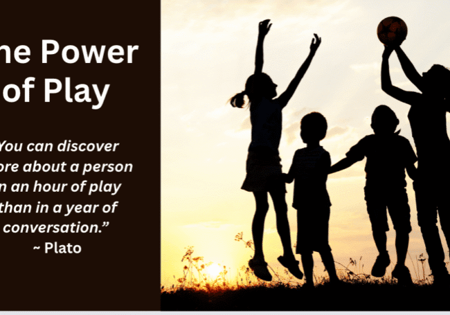 Silhouetted children playing with ball at sunset