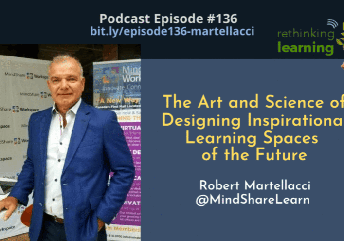 Man in blue suit with educational podcast banner