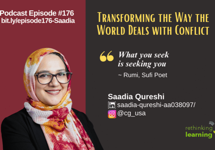 Smiling woman wearing hijab on podcast graphic