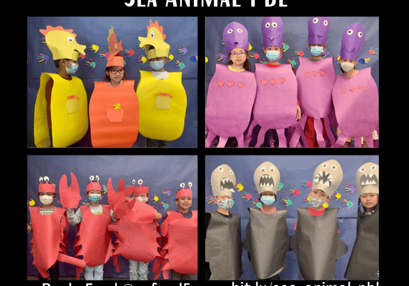Students wearing colorful homemade sea animal costumes