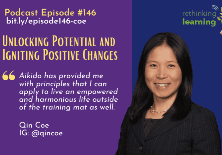 Smiling woman beside podcast promotional graphic