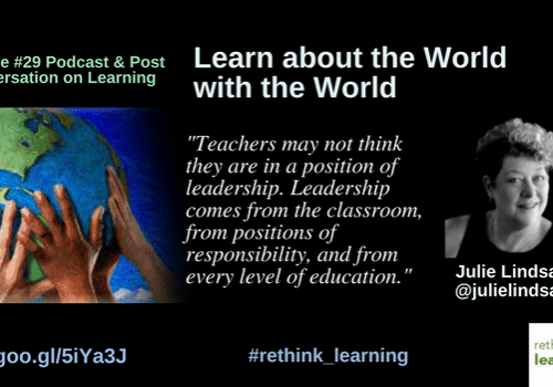 Podcast graphic: hands around globe, speaker headshot