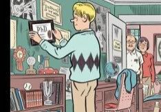 Person hanging diploma in cluttered room