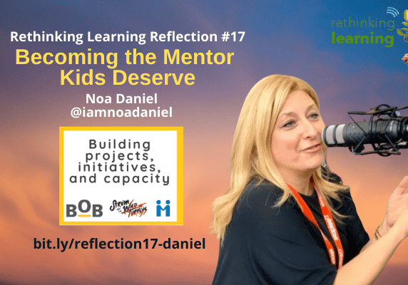 Podcast host speaking about mentoring with banner