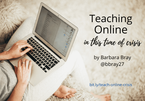 Hands typing on laptop with teaching online text