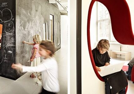 Children drawing on chalk wall, others using laptop