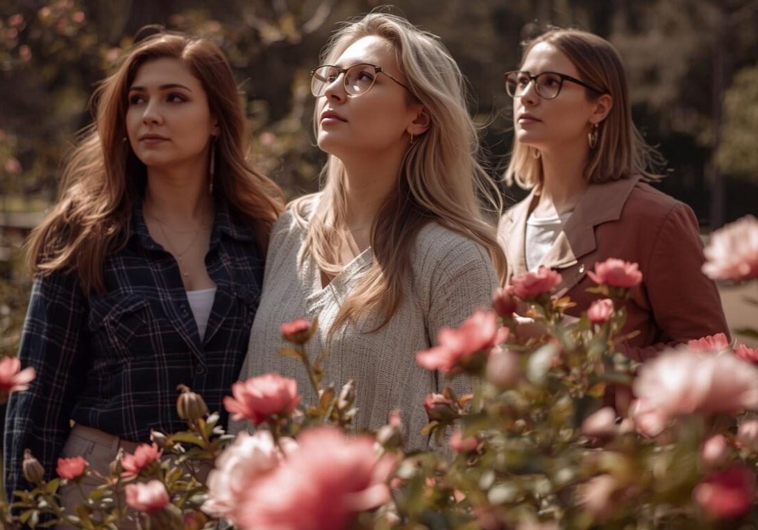Three women admiring flowers in a garden on a sunny day.