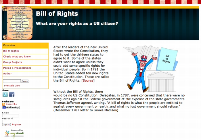 Bill of Rights webpage with Uncle Sam cartoon