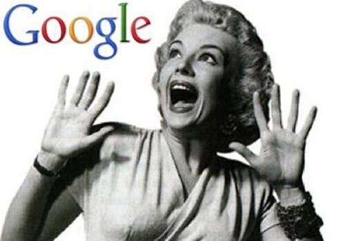 Vintage woman with hands raised, Google logo