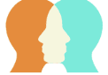 Overlapping orange, teal, and white head silhouettes