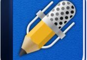 Pencil and microphone icon on blue background